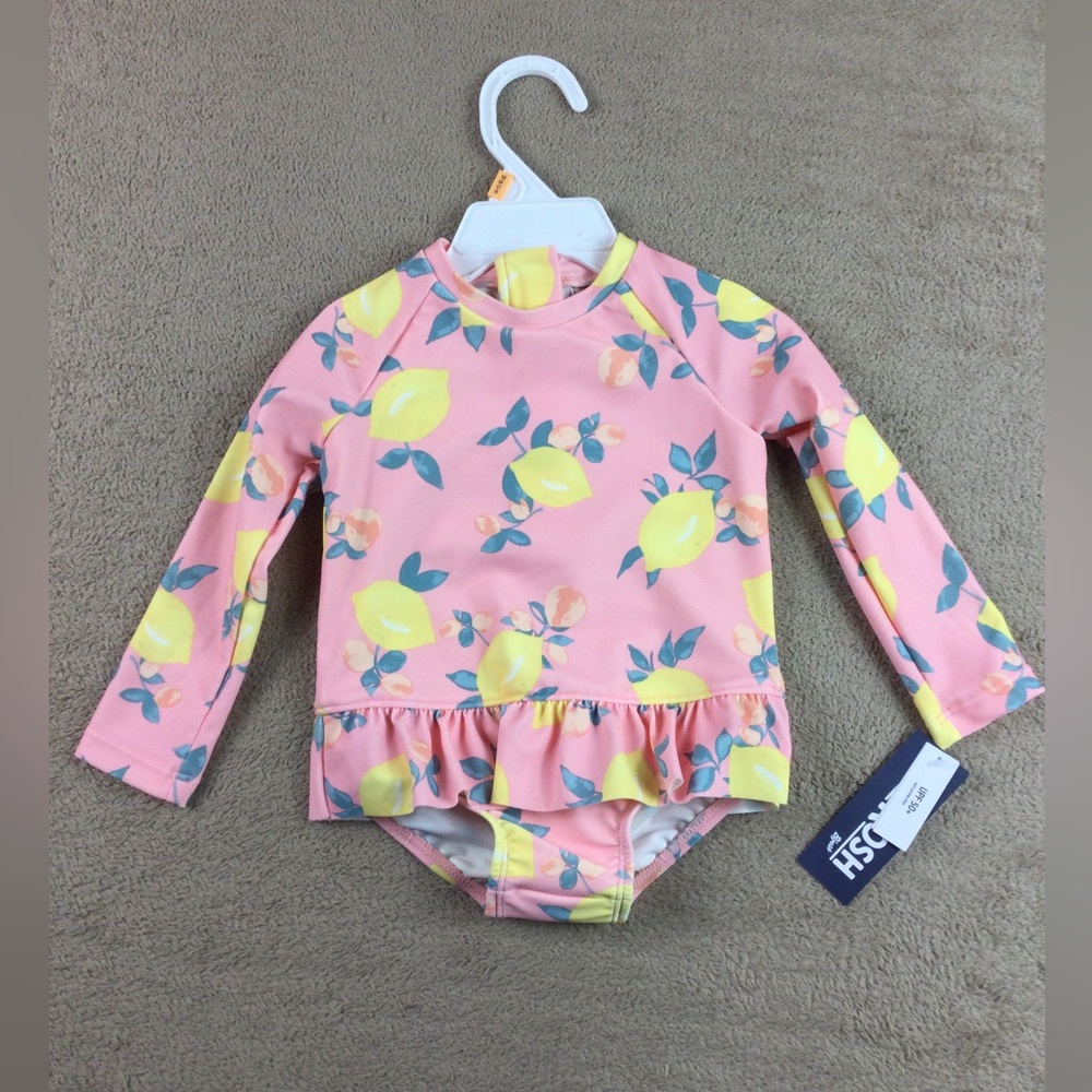 Baby girl Oshkosh Bgosh swimsuit size 12m pink lemons nwt rash guard